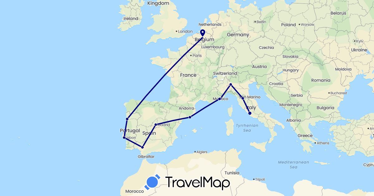 TravelMap itinerary: driving in Belgium, Spain, France, Italy, Monaco, Portugal (Europe)